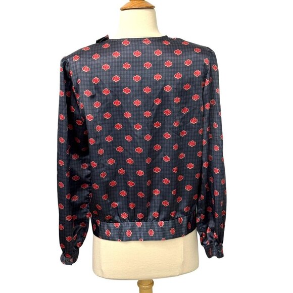 Christian Dior Vintage Satin Blouse Blue Red Print Long Slv Banded Waist Size 8 - Picture 7 of 11